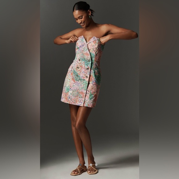 Maeve Strapless Blazer Mini Dress Green Confetti L NWT Anthropologie - Picture 2 of 7